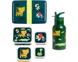A Little Lovely Company Back to school set - Drinkfles RVS/4 Snackdozen/Lunchbox - Jungle tijger