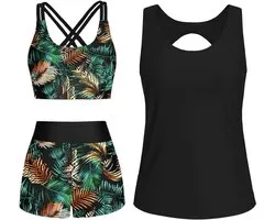 Yutdeng Tankini voor dames, buikreducerende tankini, badpak, top-bikini, push-up broek, shorts voor dames, met platte pijpen, badpak voor dames, 3-delig