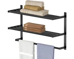 Bethom Hotel Towel Rack with Tower Bars, Towel Shelf for Bathroom Wall Mounted 3 Ply, 24 Inch Bathroom Towel Rack with Towel Bar, Matte Black Toilet Bath Towel Shelf