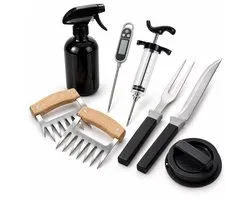 Cheqo® BBQ Gereedschap Set 8-Delig - Barbecue Accessoires - BBQ Accessoires - Vleesklauwen - Pulled Pork Klauwen - Vleesthermometer - Marinadespuit - Vleesvork - Vleesmes - Hamburgerpers - Grillset - Cadeau voor Mannen - Vaderdag Cadeau - BBQ