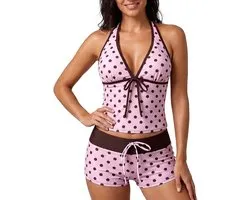 Ensemble bikini 2 pièces vintage Y2K - Haut tankini coquette à licou avec short pour femme - Maillot de bain rétro à pois - Convient pour la plage, la piscine et les vacances d'été - Maillot de bain mignon et tendance