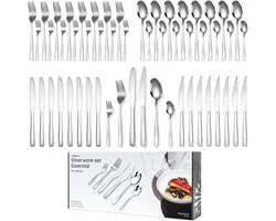 Ménagère Deleca Essential pour 8 personnes (48 pièces) - Cuillères, Couteaux, Fourchettes, Couteaux à steak et fourchettes à pâtisserie - Passe au lave-vaisselle - Argent brillant / Acier inoxydable