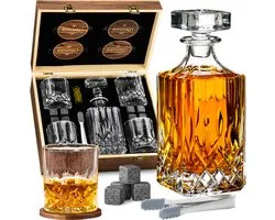 Whisiskey Whiskey Karaf - Luxe Whisky Karaf Set - 700 ml - Decanteer karaf - Whiskey Set - Incl. 8 Whiskey Stones, 4 Whiskey Glazen & Extra Accessoires - Vaderdag Cadeau