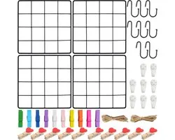 Roellgs 4pcs 20×20cm Wall Grille (with Accessories) Grid Pin Board Photo Grid, Memo Board and Photo Wall, Decorative Metal Grid for Office, Kitchen, Room and More.(Black)
