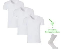 Bamboo T-Shirt - V-Hals - Super zacht - Antibacterieel - Perfect draagcomfort - 95% Bamboo - 3 stuks - 1 paar bamboo sokken cadeau - Wit - L
