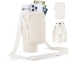 Bottle Holder with Bag, voor thermos Flask with Straw and Lid, Water Bottle Holder with Adjustable Strap, Suitable for Hiking, Running, Cycling, Cream