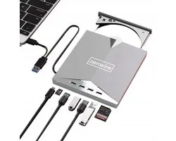 Zenwire H61 - Draagbaar extern station - CD-lezer - DVD-speler Schijfbrander - HUB 7in1 USB-C 3.0 - 4xUSB 2.0 - SD/Micro SD-kaartlezer - Plug & Play - stille werking - Brede compatibiliteit