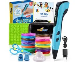 TinyPlay - Pack de démarrage pour stylo 3D XXL - Filament de 100 m - Incl. E-Book - Mallette de rangement - Ciseaux - Tapis à dessin - Livre de dessin - Protège-doigts - Artisanat Filles & Garçons - Stylos 3D - Blauw