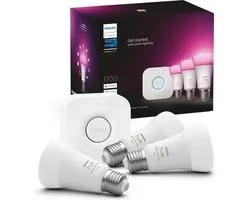 Philips Hue White and Color ambiance Kit de démarrage : 3 ampoules connectées E27 (1100), Kit d'éclairage intelligent, Bluetooth/Zigbee, Blanc, LED intégrée, E27, 2000 K