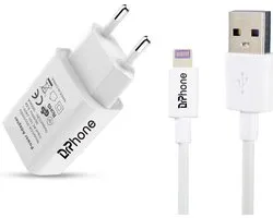DrPhone LS2 Gecertificeerde USB Lader Stekker Oplader + Kabel - 1 Meter - Safe Charge - Geschikt Voor iPad / iPhone 13 / 12 / 11 / X / 8 / SE / 8 Plus / SE / 5S /5 / 6S / 6 Plus / 7 / 7 Plus - Oplaadkabel en Adapter