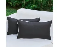 LIGICKY Set of 2 Black Waterproof Lumbar Throw Pillow Covers Outdoor Decorative Rectangle Cushion Covers White Border Cushion Covers for Patio Couch Sofa Tent Sunbrella (30x50cm)