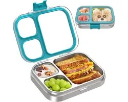 Bento Box voor Kinderen met Siliconen Deksel - Lekvrije Lunch Container met 3 Compartimenten, Vaatwasmachinebestendig, Blauw