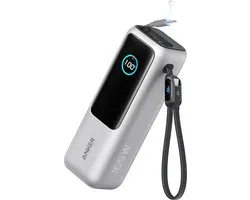 Anker Laptop Power Bank, 25.000mAh Draagbare Oplader met Drie 100W USB-C Poorten voor Meerdere Apparaten Opladen, Ingebouwde en Intrekbare Kabels- Silver