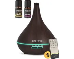 2BEHOME Aroma Diffuser met 2 Etherische Oliën & Afstandsbediening - 550ML - Aroma Diffuser Luchtbevochtiger - Etherische olie diffuser - Essentiele olie Aromadiffusers - Geurverspreider voor Aromatherapie - Donkere Houtlook