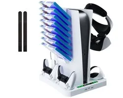 NAXSIR Multifunctionele Koelbasis voor PS5 Console, Laadstation voor PS VR2 & PS5 Controllers, Opslagrek voor Game Schijven & VR-Headset