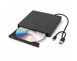 UPLY Externe DVD Speler & Brander – Plug & Play, geen drivers – USB-C én USB 3.0 – voor Laptop, Windows & Mac – CD & DVD - Graphite Black