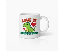 Love Is Prehistoric Mok 330ml – Schattige Dinosaurus Koffiebeker met Hartjes – Grappig Cadeau voor Koppels & Dino Liefhebbers