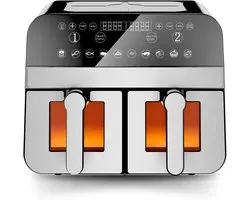 Nest, CNAFD45WS, 2400 W digitale heteluchtfriteuse met dubbele mand en 9 liter venster, gezond en snel koken, modern design, ideaal voor elke keuken, grijs