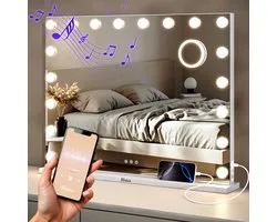 Mirlux Hollywood Spiegel 80x60CM - 2 Bluetooth Speakers - USB & USB-C Oplaadporten - LED Verlichting - Make Up Spiegel - 10x Zoom - Wit