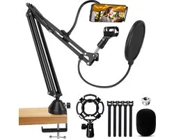 Microphone Arm, QCen Microphone Stand with Pop Protection, 5/8 Inch to 3/8 Inch Adapter, Shock Absorber, Wind Protection, Adjustable Microphone Arm for Blue Yeti, Broadcast, Studio, Program, Recording