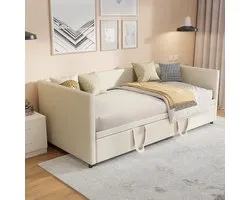 200cm Breed, Uitschuifbare Slaapbank, Bedkast met Sofa, Murphy Bed 90/180 x 200 cm, Uitschuifbaar Polsterbed met Lattenbodem, Tweepersoonsbed, Samtstof, zonder Matras (Beige)