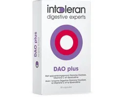 Intoleran DAO Plus Enzymes Digestive - 50 capsules | Complément alimentaire en cas de déficience en DAO | 30.000 unités HDU de l'enzyme diamine oxydase (DAO) | Vitamine C et Quercétine | Enrobage résistant à l'acide gastrique