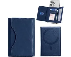Pasjeshouder Portemonnee - Geschikt voor iPhone 12/13/14/15/16/17 (Mini/Pro/Max/Plus/Air) – Opvouwbare leren kaartsleuven - Geschikt voor MagSafe Hoesjes - Blauw