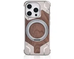 Geschikt voorNatural Walnut Wood Magnetic Ring Stand Case Cover for Geschikt voor iPhone 14 15 16 Pro Max