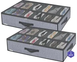 Sac de Rangement pour Chaussures avec Couvercle Transparent - Commode Sous Le Lit pour 24 Paires de Chaussures pour femmes - Coffre de Rangement Solide avec 12 Compartiments - Lin Grijs - 2 Pièces