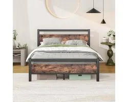 Cadre de lit 140x190 cm - Avec sommier à lattes - Avec espace de rangement - Lit d'appoint - Lit pour adolescents - Stable - Métal et bois - Marron antique