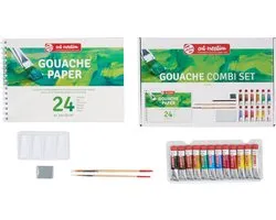 Talens Gouache set 12 kleuren 12 ml tubes plakkaatverf met penselen, papier, potlood, kneedgum en mengschaal dekkende waterverf