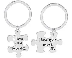 Puzzel Sleutelhangers Set - RVS - Gegraveerd I Love You More/Most - Perfect cadeau voor geliefden - ShopVlot
