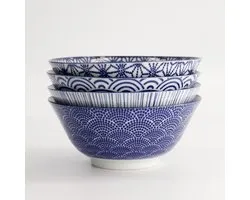 Tokyo Design Studio, Nippon Blue Assorted Designs Tayo Bowl 15.2x6.7cm 500ml set de 4 bols