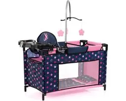 Bayer Design - Poppenbed met geïntegreerde kinderstoel, kastcompartiment, mobiel, kussen, dekbed, poppenaccessoires in blauw met sterren