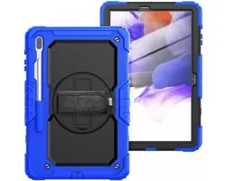 Hoes met ingebouwde Screenprotector Geschikt voor Samsung Galaxy Tab S8 Plus / S7 Plus / S7 FE | Inclusief Handriem en Schouderriem | Extreme bescherming | Ideaal voor zakelijk gebruik | Blauw