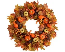 Couronne de Fleurs - Ø 47cm - couronne - Couronne artificielle de - Base en rotin - avec baies de citrouille et pommes de pin - Guirlande de porte de l'automne à l'hiver pour la décoration d'Halloween, Thanksgiving et Noël