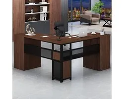 L-shaped Executive Desk with Drawers 150x150x76 cm – Rustiek Walnoot Bureau voor Thuiskantoor, Computertafel voor Werk, Studie en Home Office – Omkeerbaar, Metaal & Hout, Ruim Opbergvermogen – Abkantoor