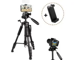 MOJOGEAR Smartphone en Camera Statief - tot 140 cm hoog - met telefoonhouder en draagtas - Tipod smartphone - Tripod camera - Zwart