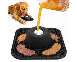 Ulisem - Slow Feeder Hondenbak - Anti Schrokbak met Likmat & Interactieve Rolbal - Likkom voor Honden en Katten - Natvoer & Snacks - Zwart