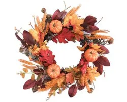Couronne d'automne 50 cm - Citrouilles et Baies - Base en rotin - Avec pommes de pin - Décoration d'automne naturelle