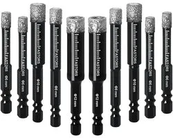 Droge Diamant Boor Set, 10-Pack Diamond Core Boren voor Tegel Keramische Marmer Graniet Glas Baksteen Stone, 1/4 Hex Schacht Maat 6,8,10,12 mm
