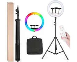 LuminexPro 3D RGB Ringlamp 56 cm – LED Ringlicht met Statief 2.1 m – 3 Telefoonhouders – 2x USB – Remote Control – Dimbaar – Voor Fotografie, Video & Live Streaming