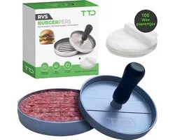 TTD® Presse à Hamburger et Machine à Hamburger - Moule à Viande Hachée pour Hamburgers - Outils de Barbecue - Accessoires de vêtements pour bébé de BBQ - Passe au Lave-Vaisselle - Comprend 100 Papiers Cirés - Acier Inoxydable