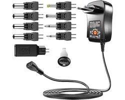 Transformator - Universele lader - Universele voedingsadapter - AC naar DC 3V 4,5V 5V 6V 7,5V 9V 12V 1A 2A schakelende transformator - met 9 DC-aansluitingen - Geschikt voor huishoudelijke elektronica - Max. 2000mA - Zwart
