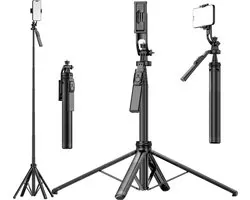 Casemania Universeel Camera Telefoon Statief - Quadrapod Selfiestick - Extra Stabiel 360° Draaibaar Camera Statief met Bluetooth Afstandsbediening - Tripod Selfie Stick met Uitneembare Telefoonhouder