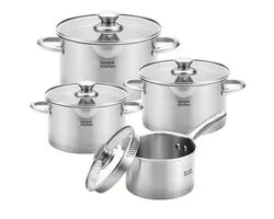 Batterie de cuisine Savoré Kitchen 8 pièces en acier inoxydable - Casseroles de cuisson en Verres - Casseroles et poêles induction - Bord égouttoir, graduation et bec verseur
