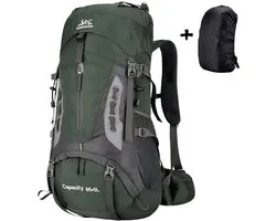 CarryQuest® - 70L Hiking Backpack - Lichtgewicht Nylon Camping Rugzak met Drinksysteem, Regenhoes, Rugventilatie, Schoenenzak, Heupvakken & Ophangriemen - 33x24x70 cm - Groen