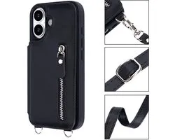 Étui Casemania Adapté pour Apple iPhone 17 - Zwart - Luxe Back Cover avec Cordon et Fermeture Éclair - Wallet Case avec Porte-Cartes - Étui Téléphone Lanyard - Cord Case