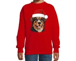 Bellatio Decorations Pull de Noël / Chiens en pull - Enfant - Bouvier Berner - Rouge - Bonnet de Père Noël - Noël 152/164