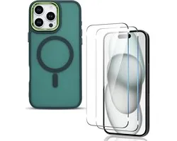 Matte magnetische hoes Geschikt voor: iPhone 16 Max Pro - Compatibel met MagSafe + 2x Screenprotector - Matte achterkant - Groen